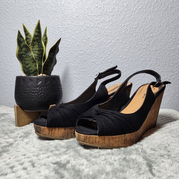 Solanz Black Wedge Peep Toe Sling Back Heels - Size 6 - Picture 1 of 9